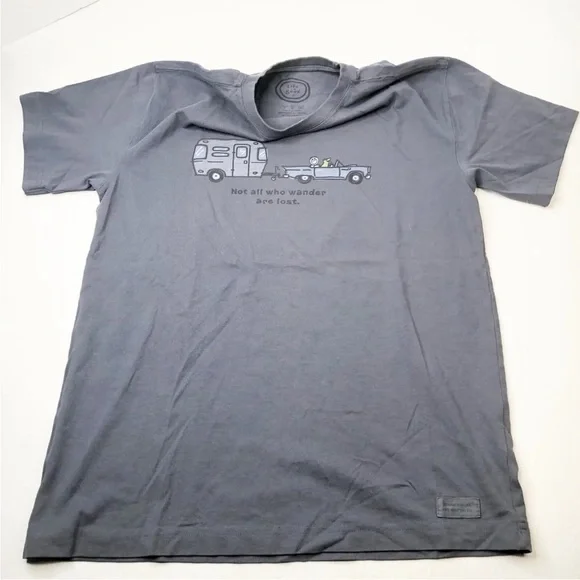 Life Is Good Men’s T Shirt Not All Who Wander Are Lost Camper Traveler Sz Small - Picture 1 of 8